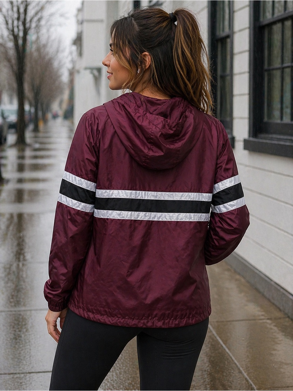 Zine Rain Jacket Windbreaker Burgundy Stripe Pullover Hooded Medium - Picture 9 of 9